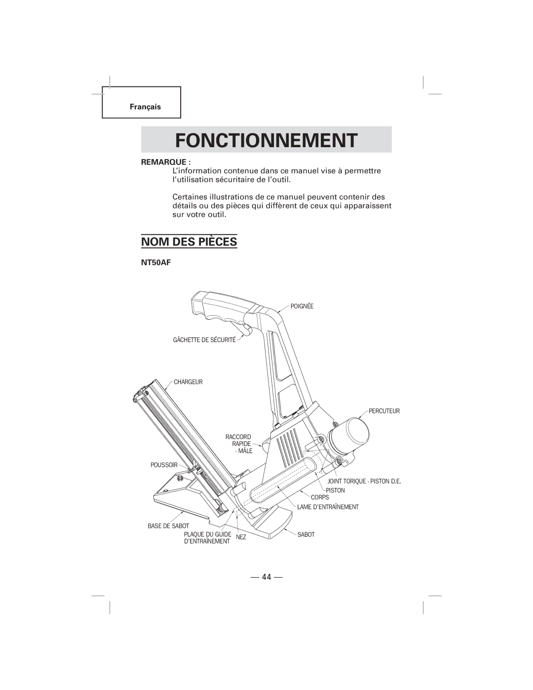 Hitachi N5009AF, NT50AF manual Fonctionnement, NOM DES Pièces 