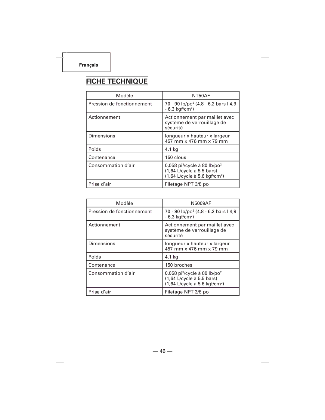 Hitachi N5009AF, NT50AF manual Fiche Technique 