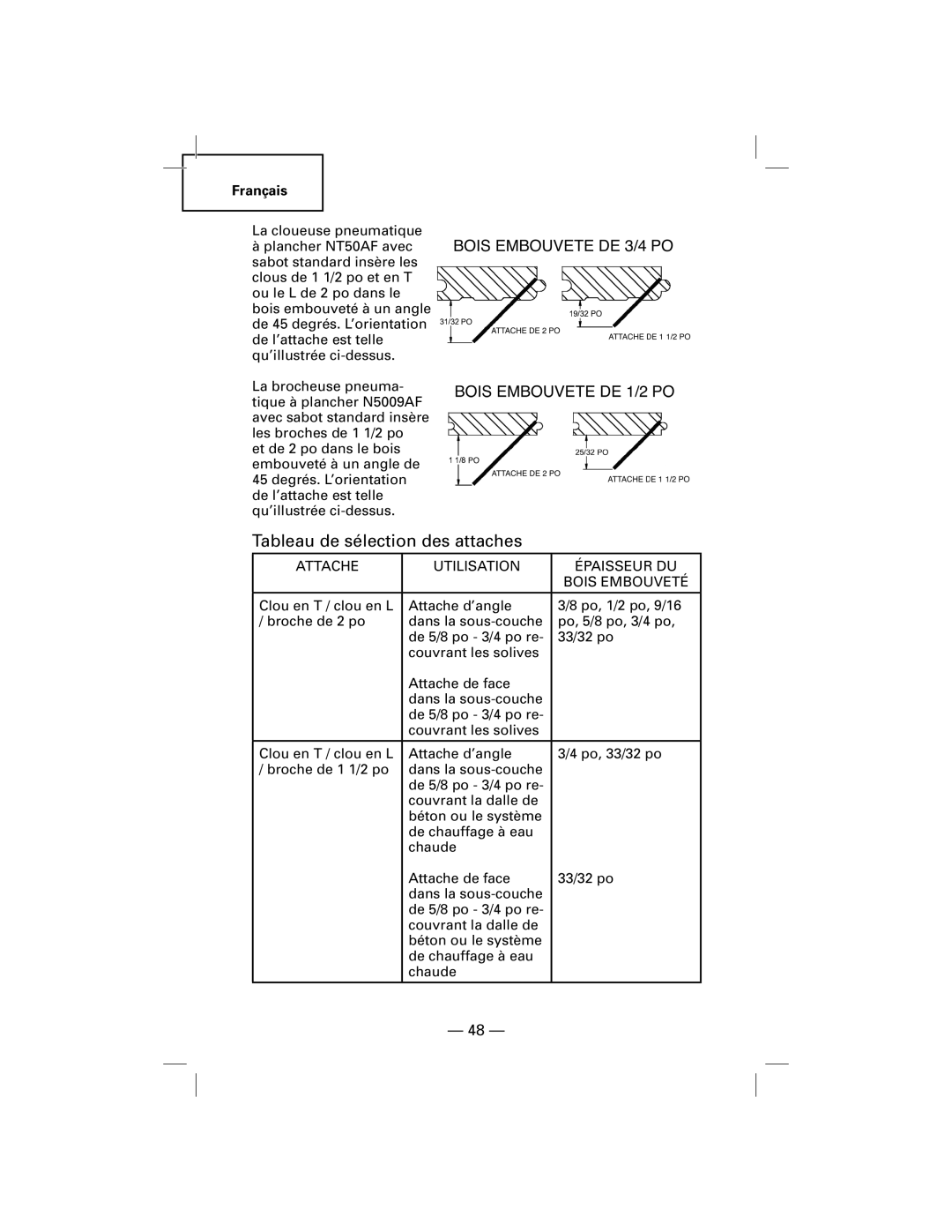 Hitachi N5009AF, NT50AF manual Tableau de sélection des attaches, Attache Utilisation Épaisseur DU Bois Embouveté 