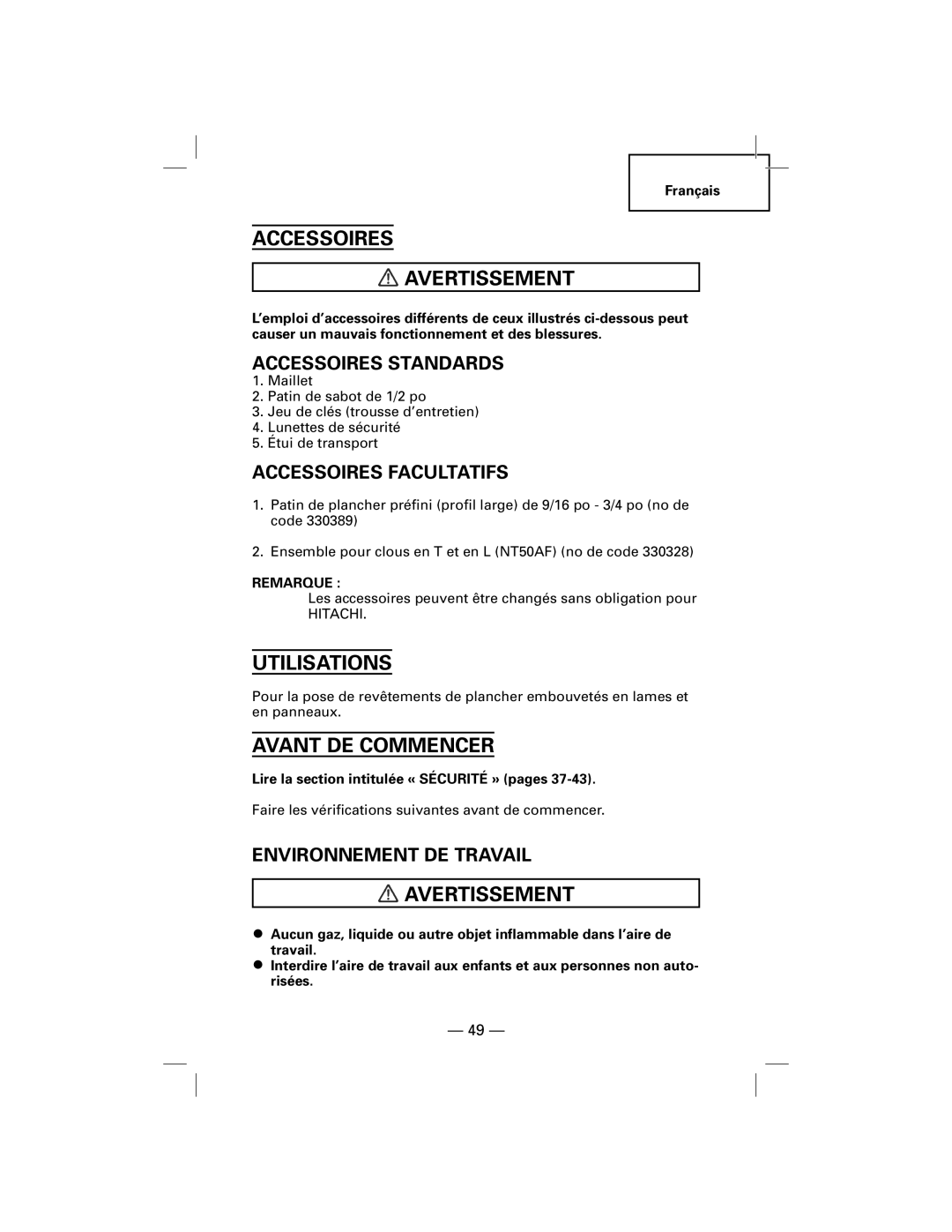 Hitachi NT50AF, N5009AF manual Accessoires Avertissement, Utilisations, Avant DE Commencer 