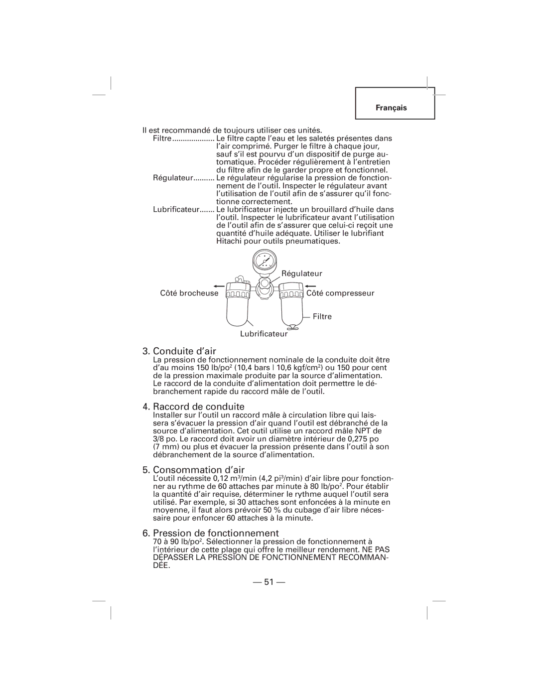 Hitachi NT50AF, N5009AF manual Conduite d’air, Raccord de conduite, Consommation d’air, Pression de fonctionnement 