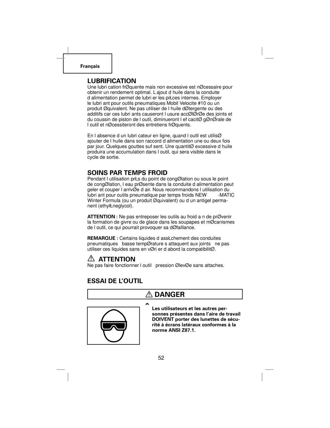 Hitachi N5009AF, NT50AF manual Lubrification, Soins PAR Temps Froid, Essai DE L’OUTIL 