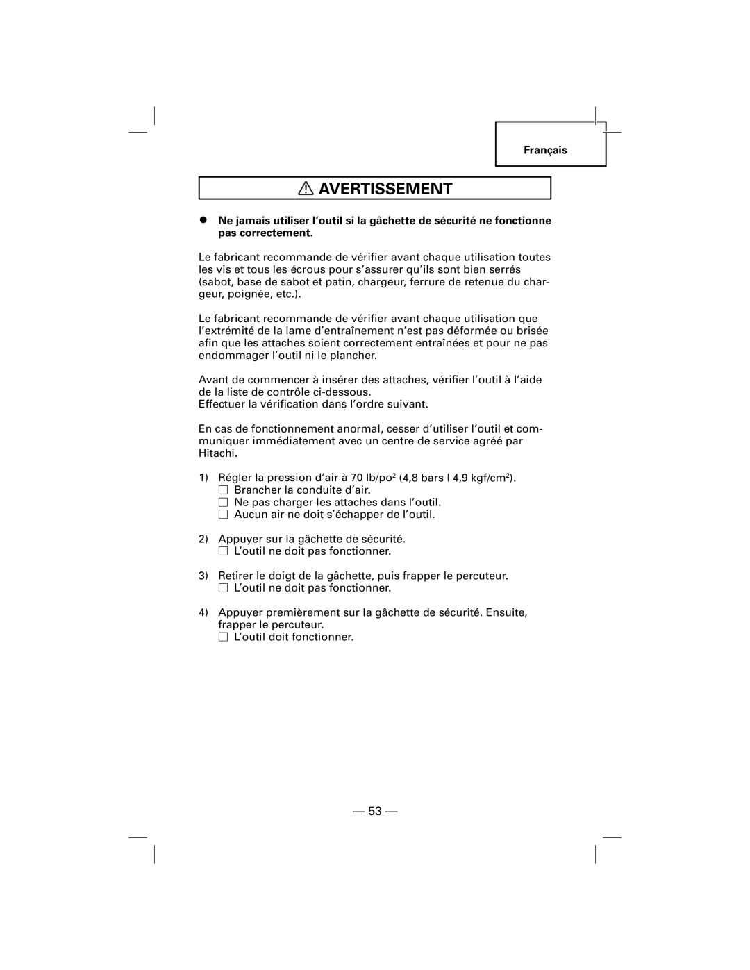 Hitachi NT50AF, N5009AF manual Avertissement 