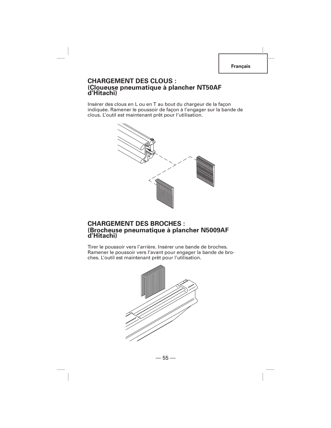 Hitachi NT50AF, N5009AF manual Chargement DES Clous, Chargement DES Broches 