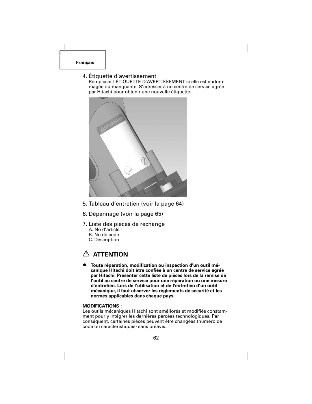 Hitachi N5009AF, NT50AF manual Étiquette d’avertissement, Modifications 