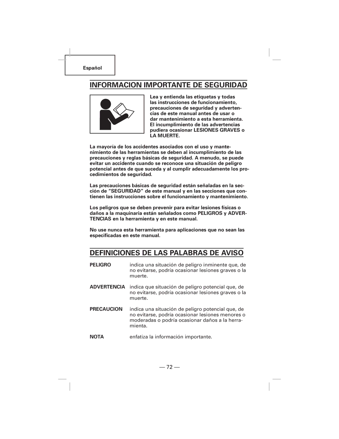 Hitachi N5009AF, NT50AF manual Informacion Importante DE Seguridad, Definiciones DE LAS Palabras DE Aviso, LA Muerte, Nota 