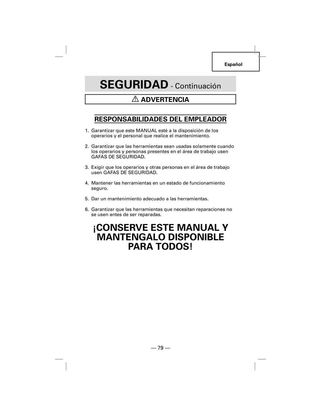 Hitachi NT50AF, N5009AF manual Advertencia Responsabilidades DEL Empleador, Gafas DE Seguridad 