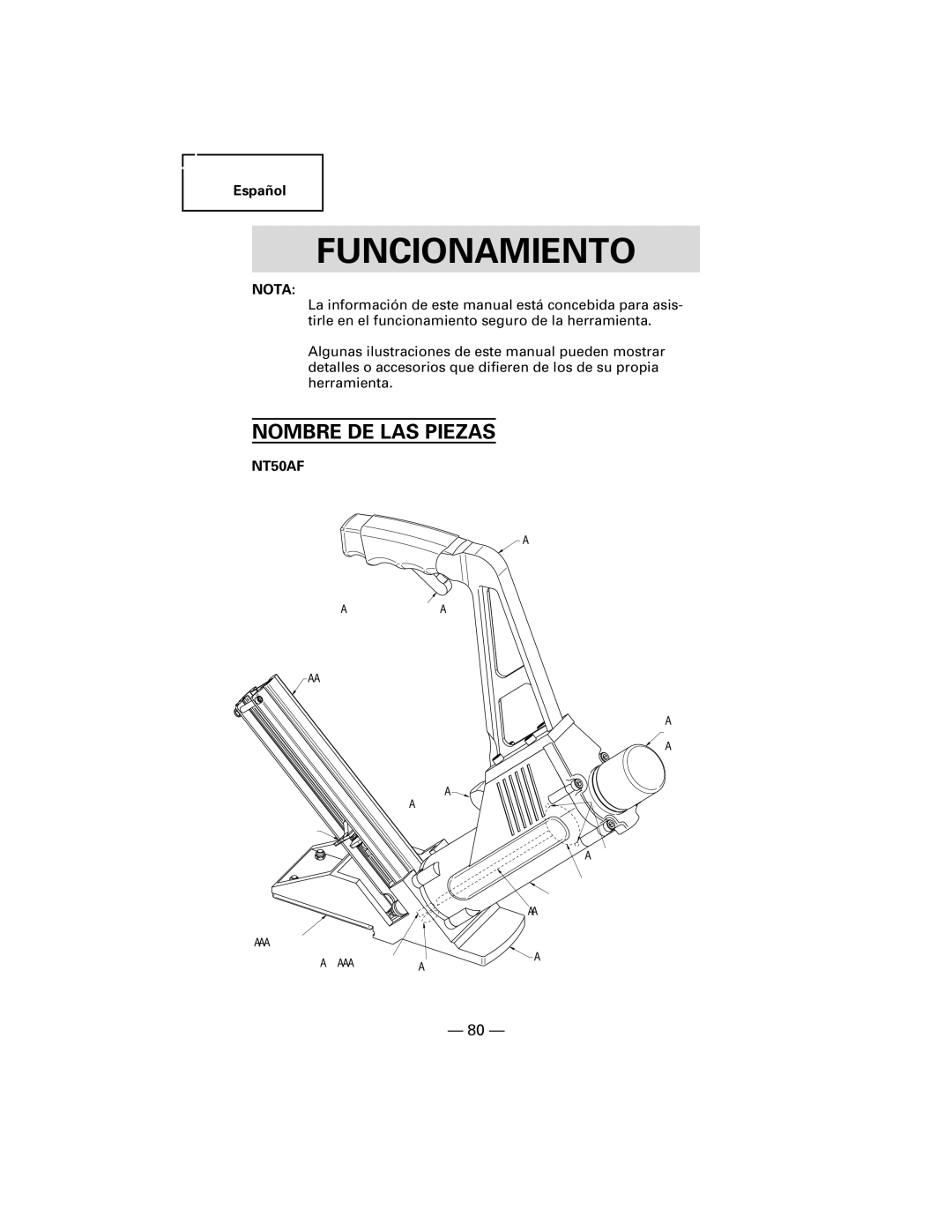 Hitachi N5009AF, NT50AF manual Funcionamiento, Nombre DE LAS Piezas 