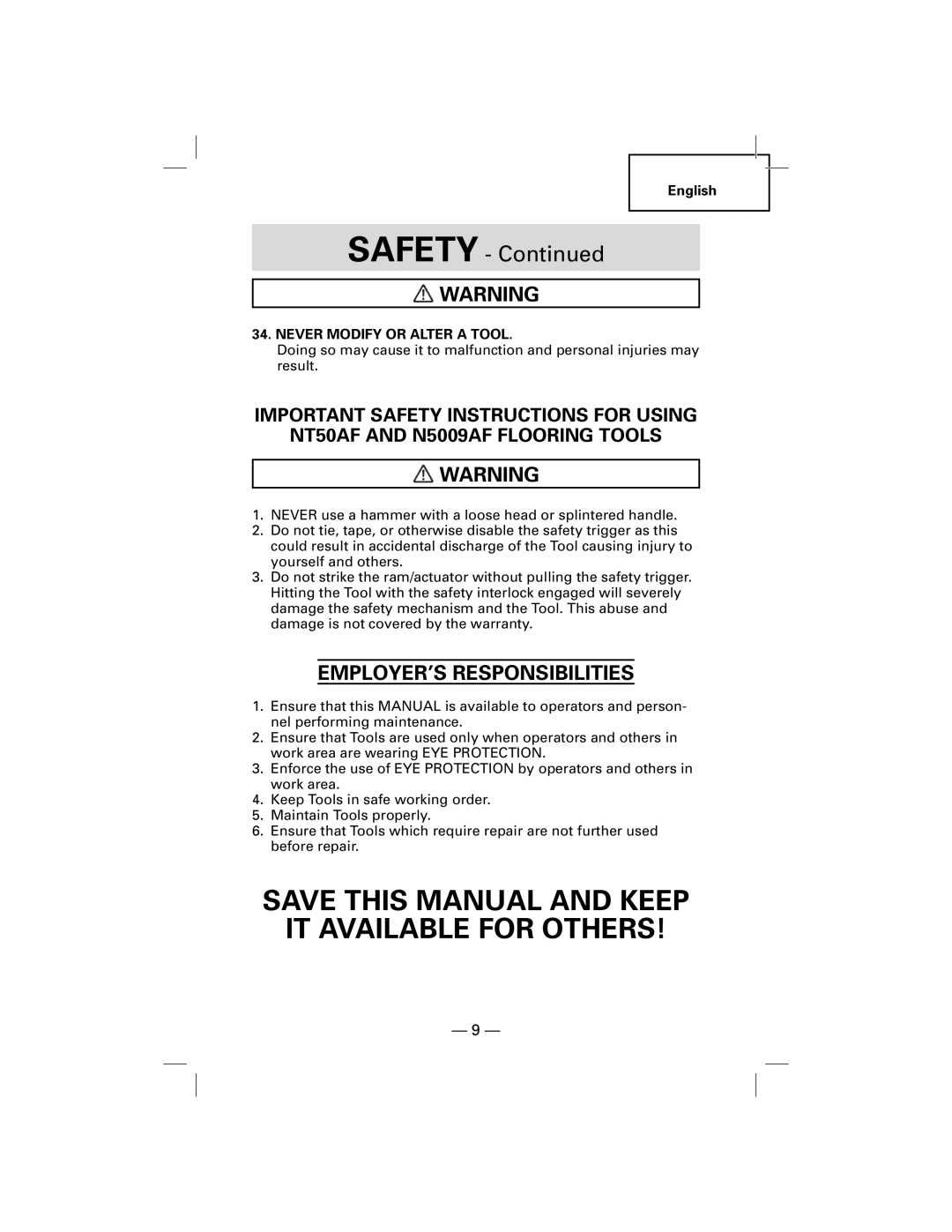 Hitachi NT50AF, N5009AF manual EMPLOYER’S Responsibilities, Never Modify or Alter a Tool 