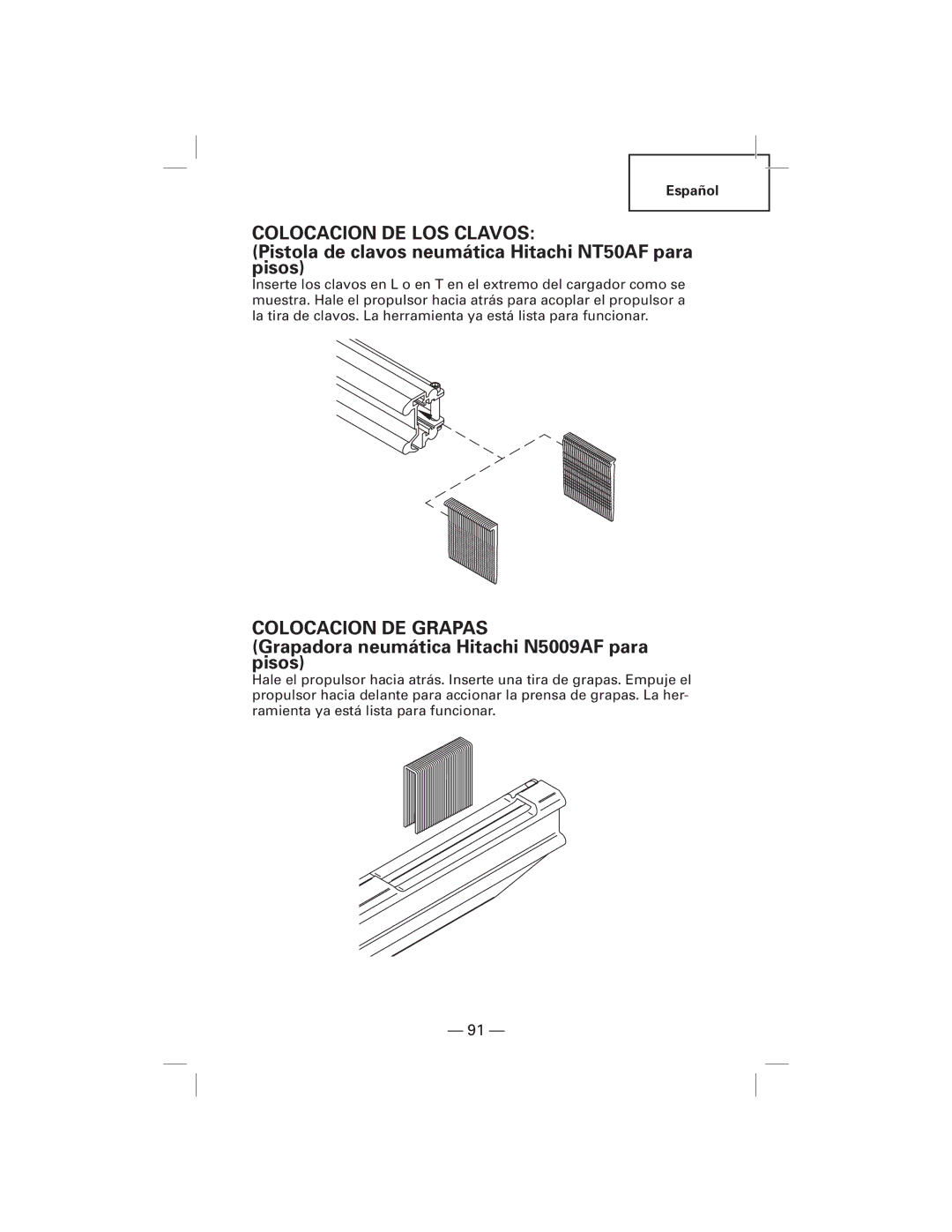 Hitachi NT50AF, N5009AF manual Colocacion DE LOS Clavos, Colocacion DE Grapas 