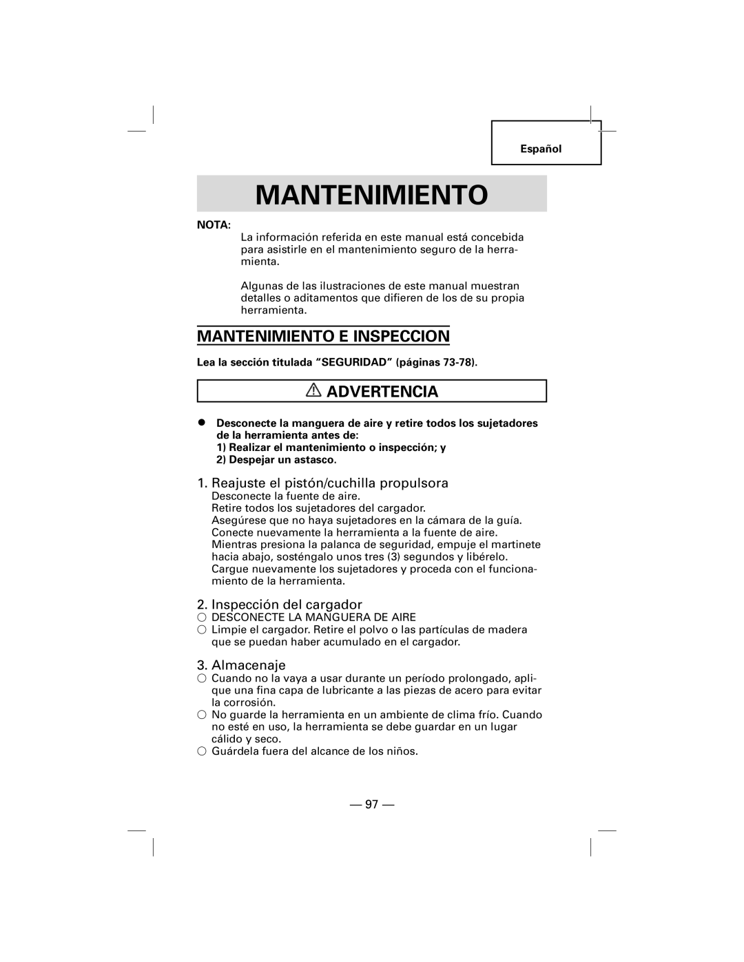 Hitachi NT50AF Mantenimiento E Inspeccion, Reajuste el pistón/cuchilla propulsora, Inspección del cargador, Almacenaje 