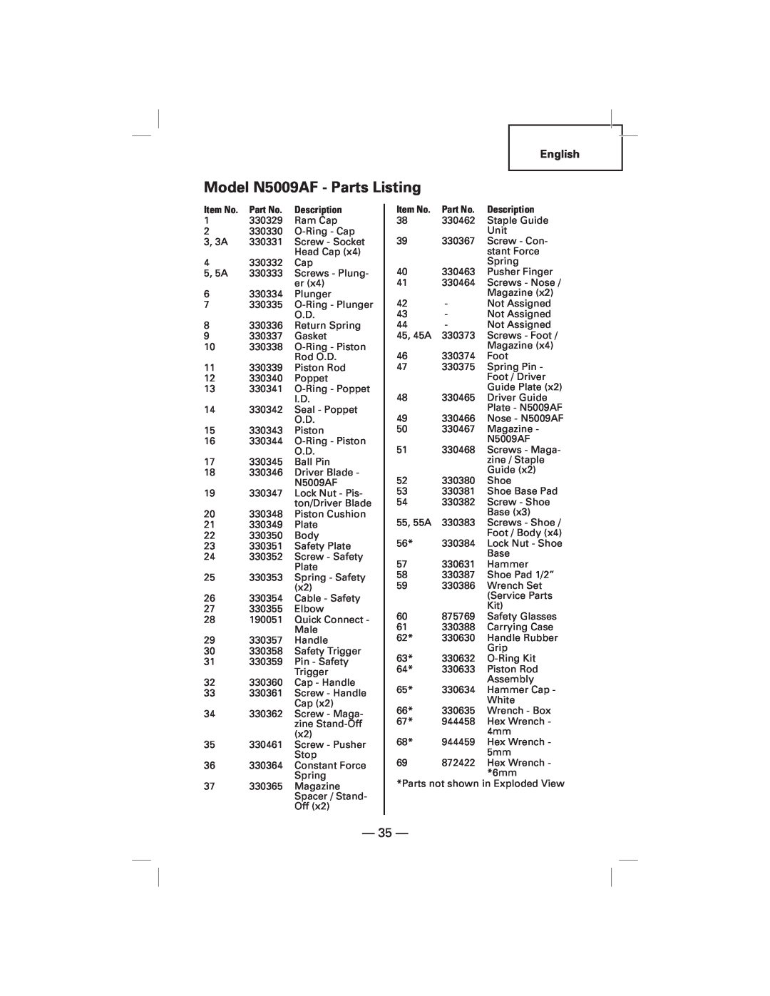 Hitachi NT50AF manual Model N5009AF - Parts Listing 