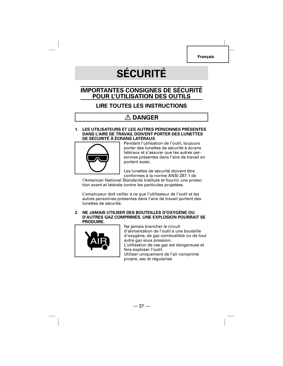 Hitachi NT50AF Importantes Consignes De Sécurité, Pour L’Utilisation Des Outils, Lire Toutes Les Instructions, 37 