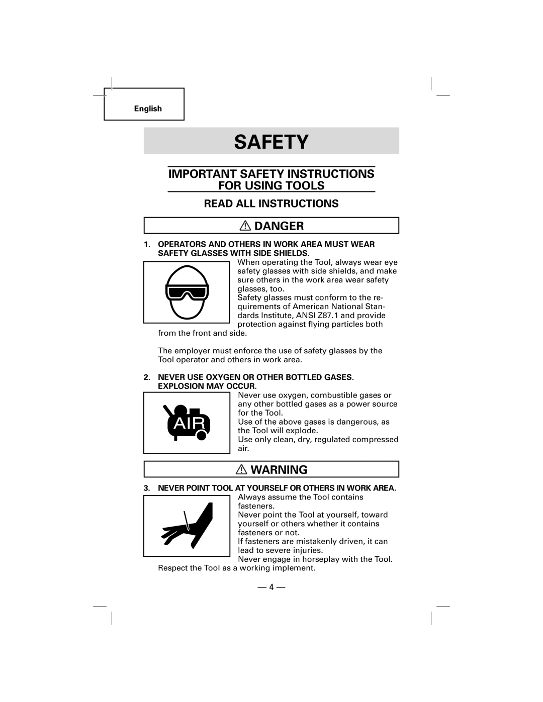Hitachi N5009AF, NT50AF manual Important Safety Instructions For Using Tools, Danger, Read All Instructions 