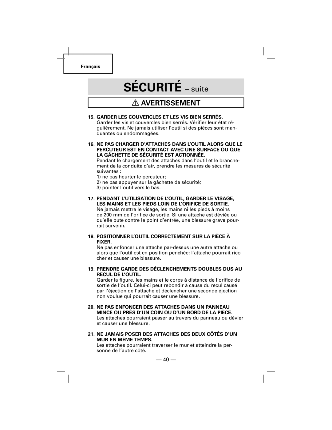 Hitachi N5009AF, NT50AF manual SÉCURITÉ - suite, Avertissement 