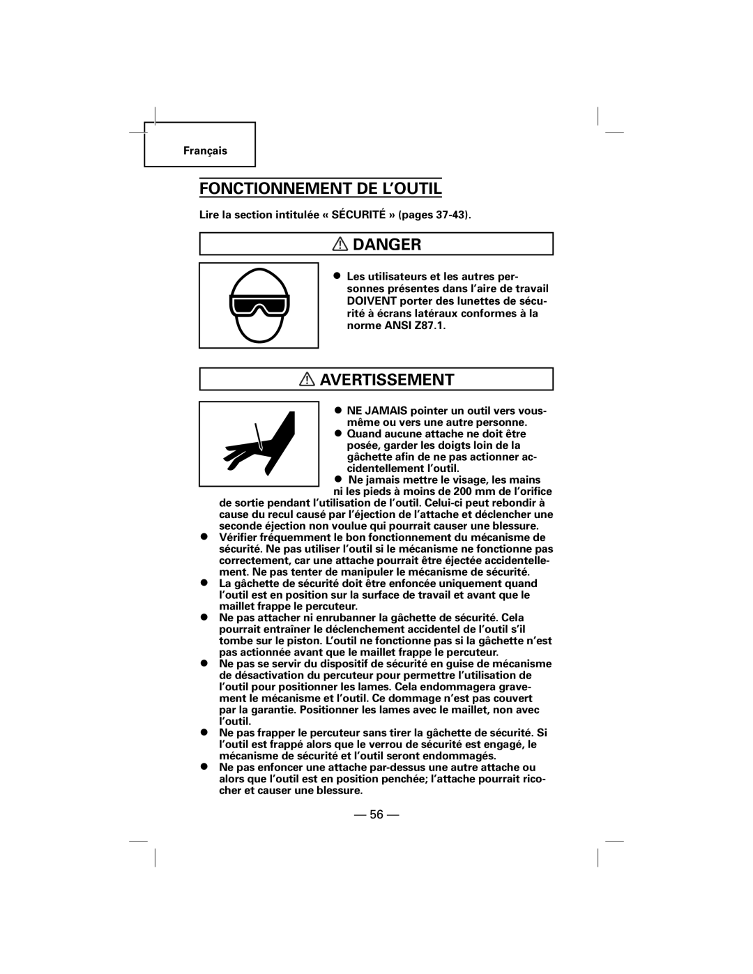Hitachi N5009AF, NT50AF manual Fonctionnement De L’Outil, Danger, Avertissement 
