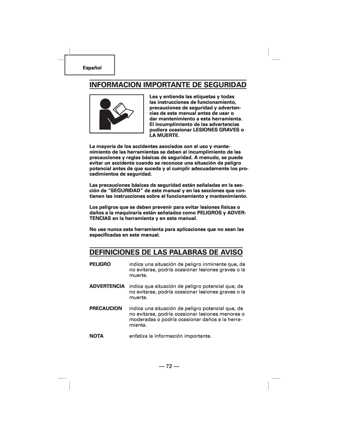 Hitachi N5009AF, NT50AF manual Informacion Importante De Seguridad, Definiciones De Las Palabras De Aviso 