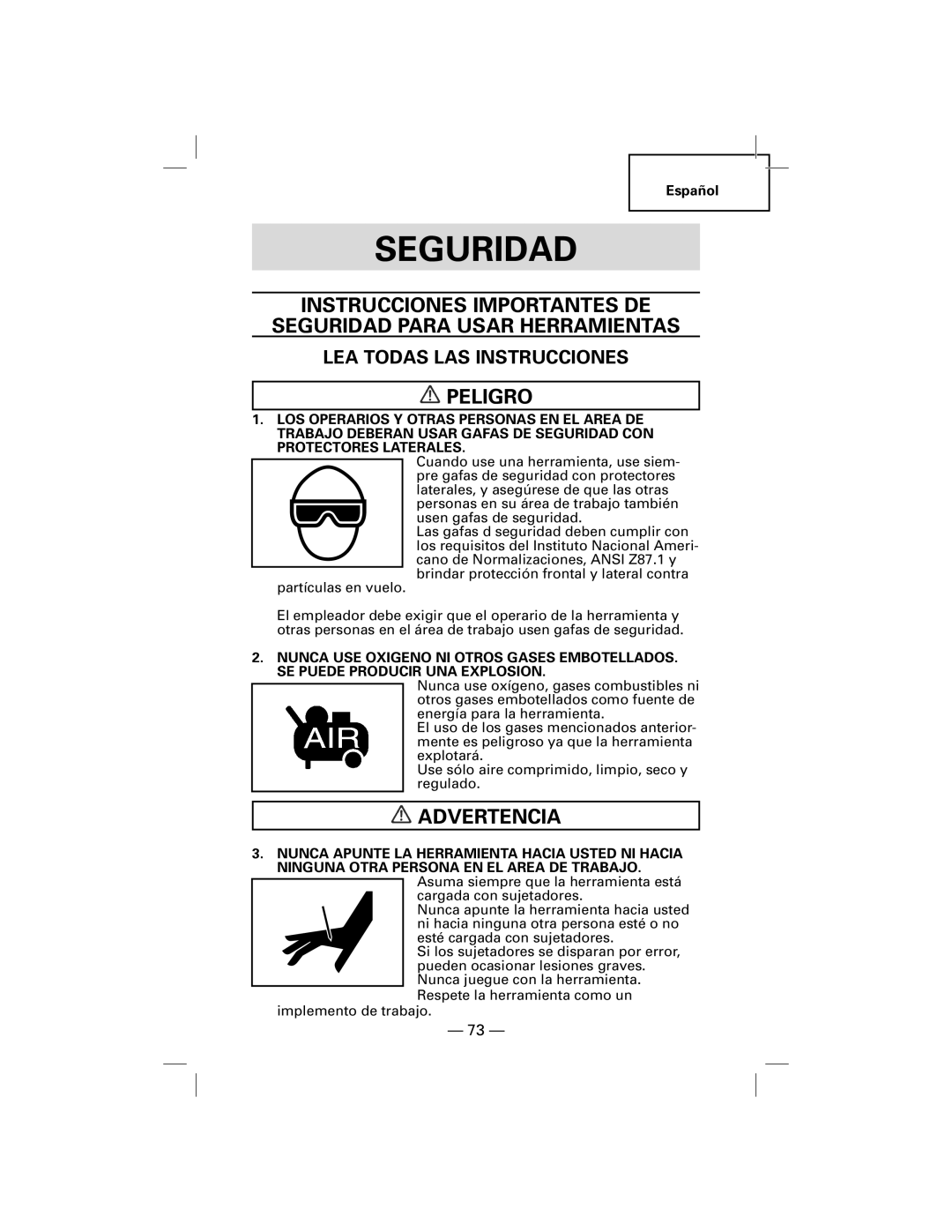 Hitachi NT50AF, N5009AF manual Instrucciones Importantes De, Seguridad Para Usar Herramientas, Peligro, Advertencia 