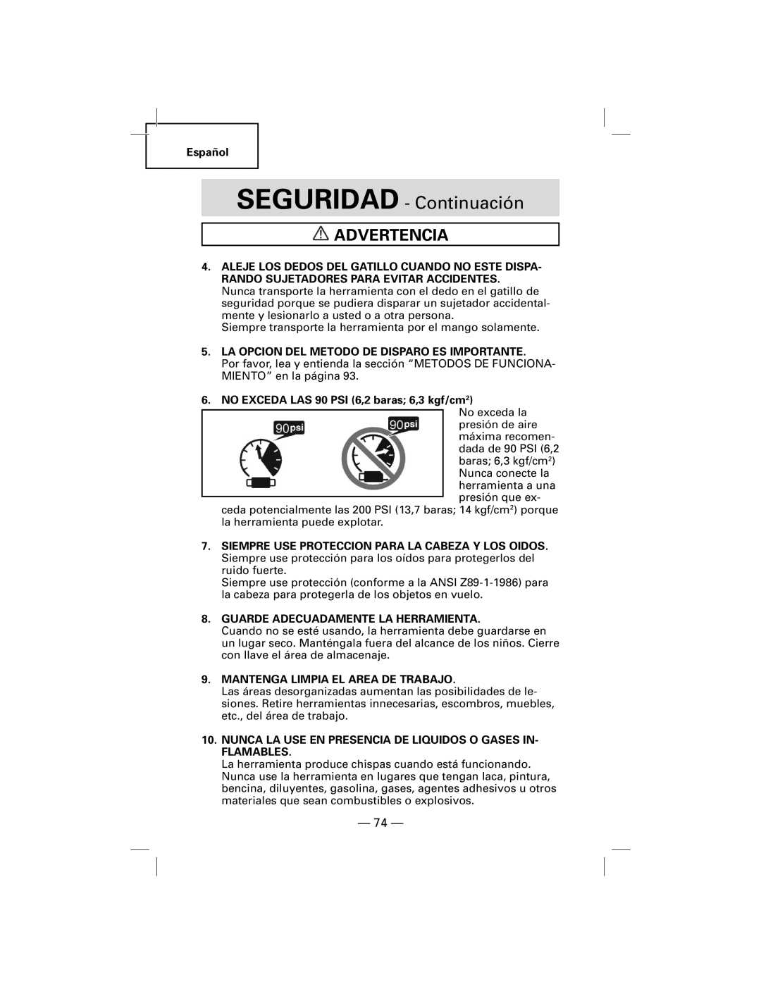 Hitachi N5009AF, NT50AF manual SEGURIDAD - Continuación, Advertencia 