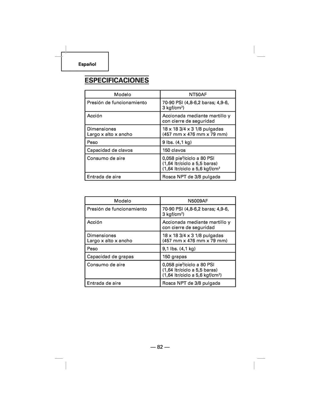 Hitachi N5009AF, NT50AF manual Especificaciones 