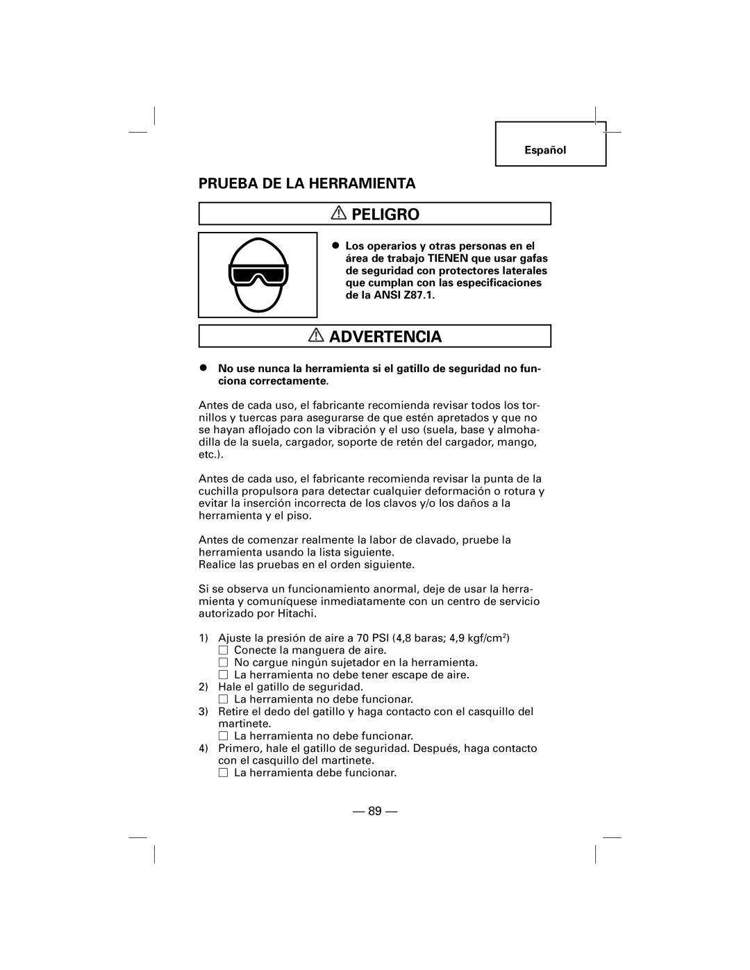 Hitachi NT50AF, N5009AF manual Prueba De La Herramienta, Peligro, Advertencia 