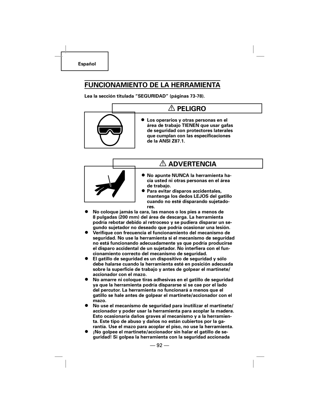 Hitachi N5009AF, NT50AF manual Funcionamiento De La Herramienta, Peligro, Advertencia 