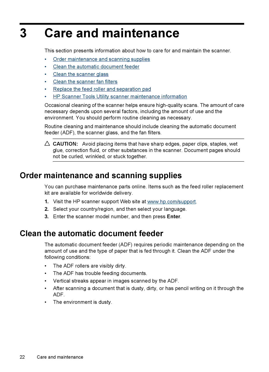 Hitachi N9120 manual Care and maintenance, Order maintenance and scanning supplies, Clean the automatic document feeder 