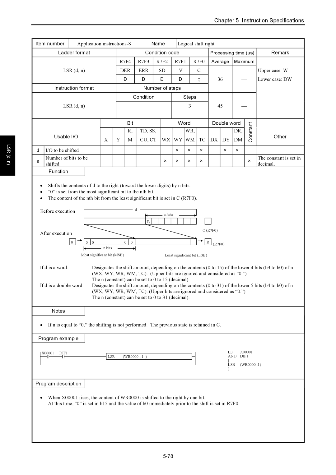 Hitachi NJI-350B manual Application instructions-8, Logical shift right, LSR d, n 