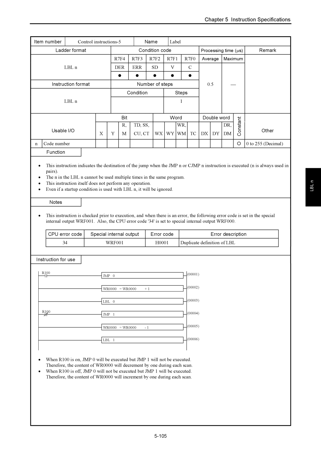 Hitachi NJI-350B manual Control instructions-5, Label, LBL n, WRF001 H0001 Duplicate definition of LBL, 105 