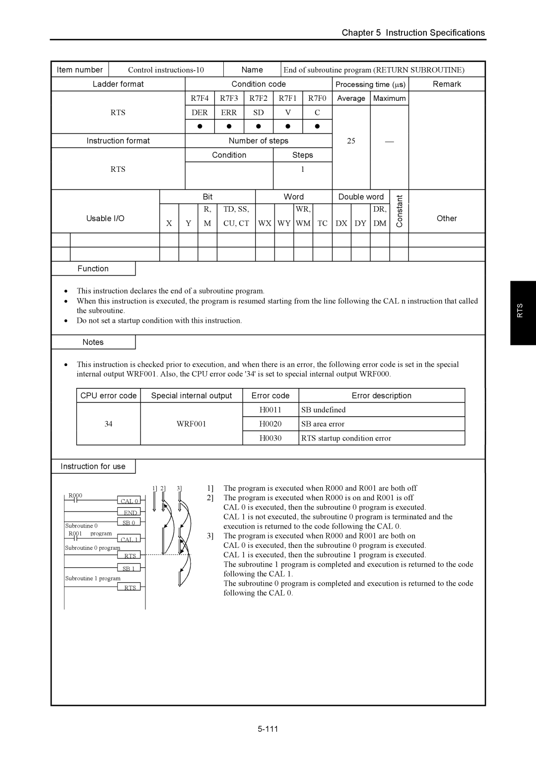 Hitachi NJI-350B manual Rts Der Err, 111 