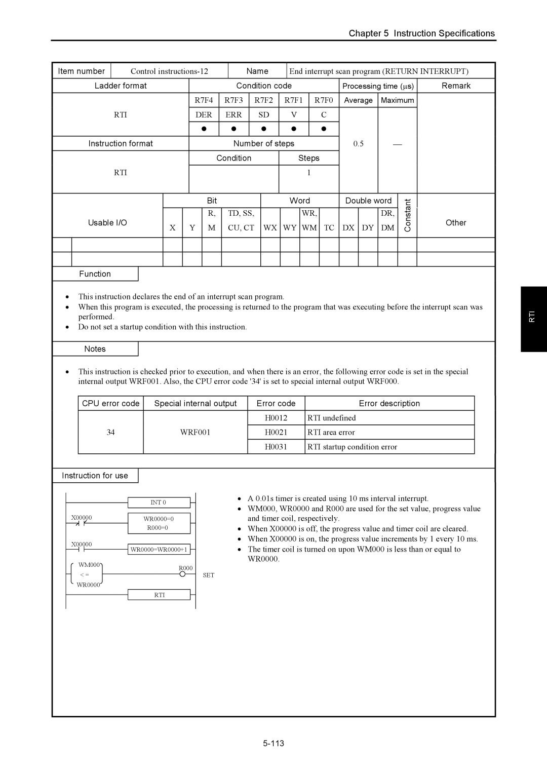 Hitachi NJI-350B manual Control instructions-12, End interrupt scan program Return Interrupt, 113 