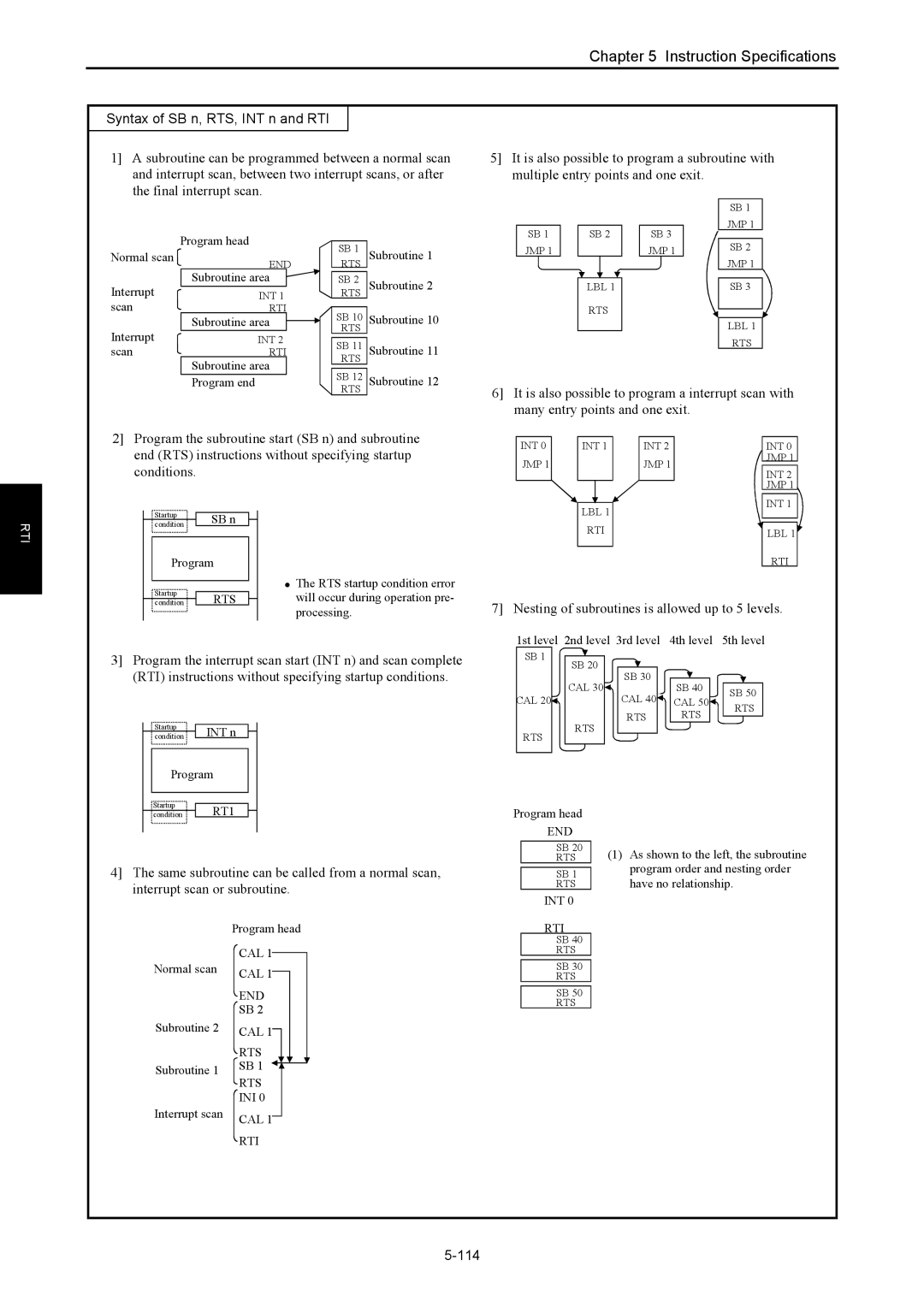 Hitachi NJI-350B manual Syntax of SB n, RTS, INT n and RTI, Nesting of subroutines is allowed up to 5 levels, 114 