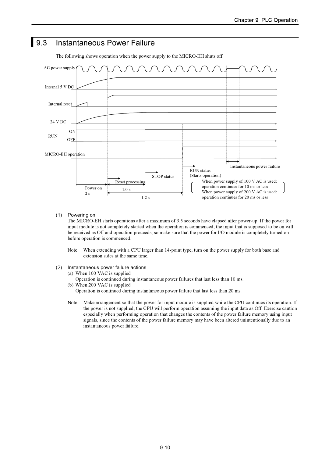 Hitachi NJI-350B manual Instantaneous Power Failure, Powering on, Instantaneous power failure actions, Run Off 