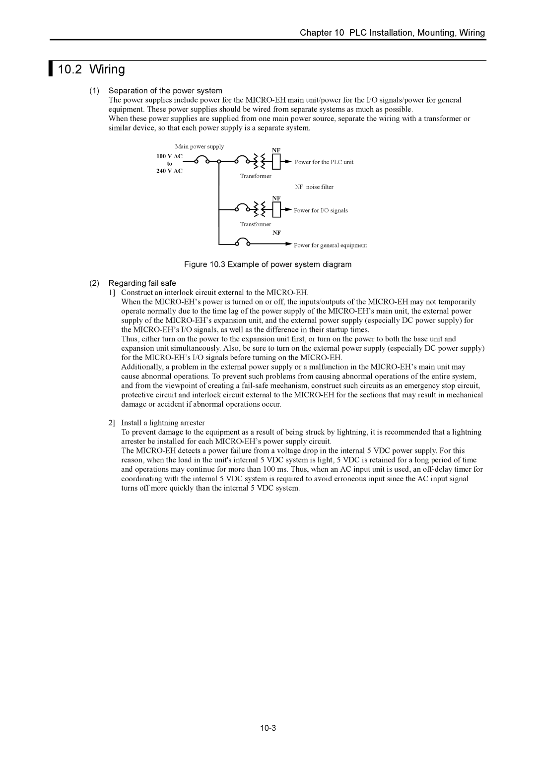 Hitachi NJI-350B manual Wiring, Separation of the power system, 10-3 