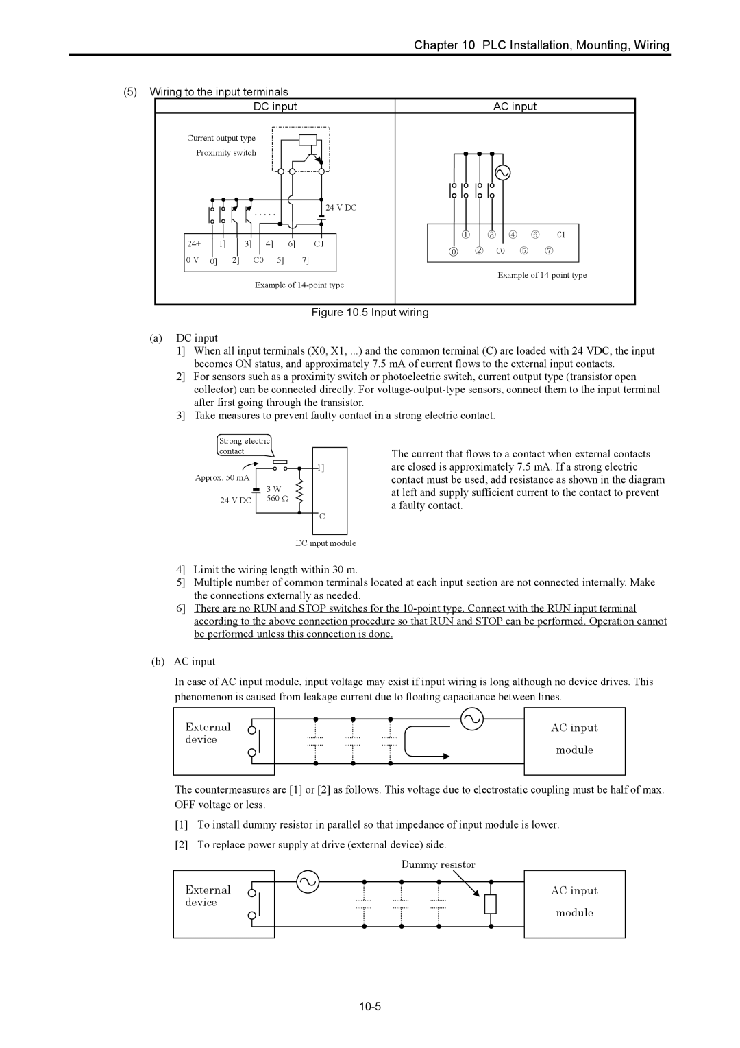 Hitachi NJI-350B manual Wiring to the input terminals DC input AC input, 10-5 