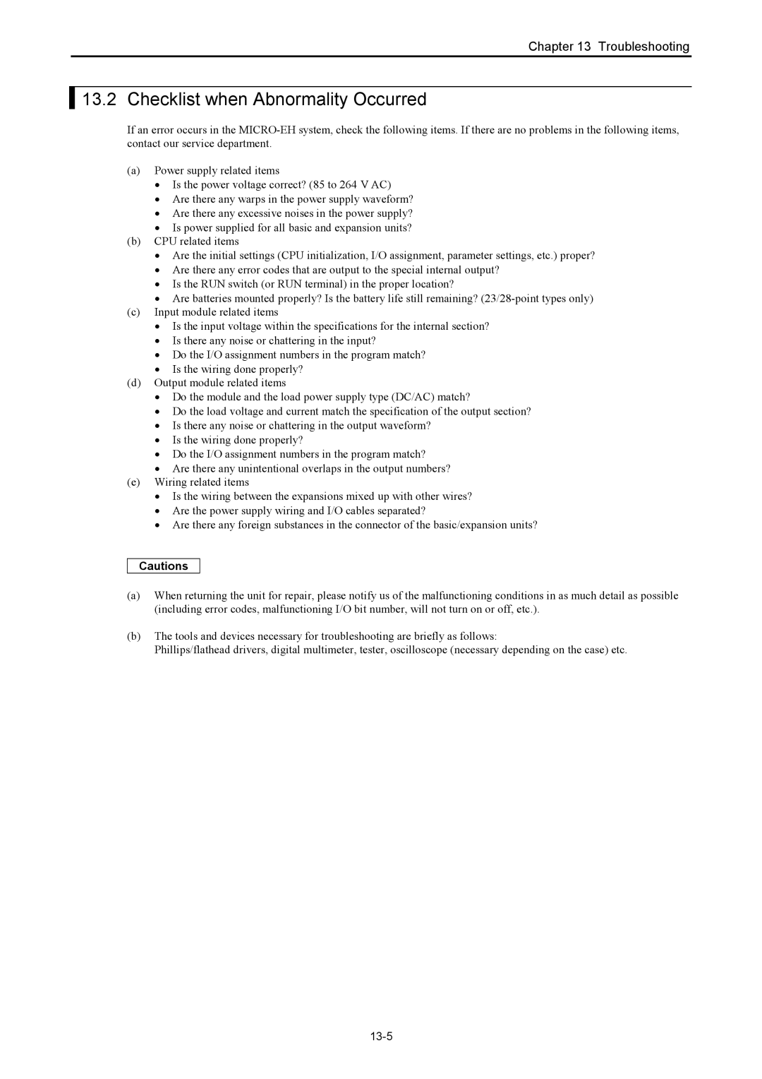 Hitachi NJI-350B manual Checklist when Abnormality Occurred, 13-5 