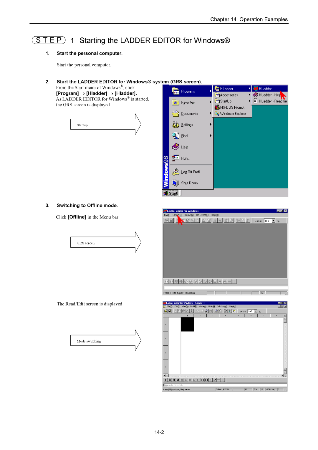 Hitachi NJI-350B manual E P 1 Starting the Ladder Editor for Windows, 14-2 