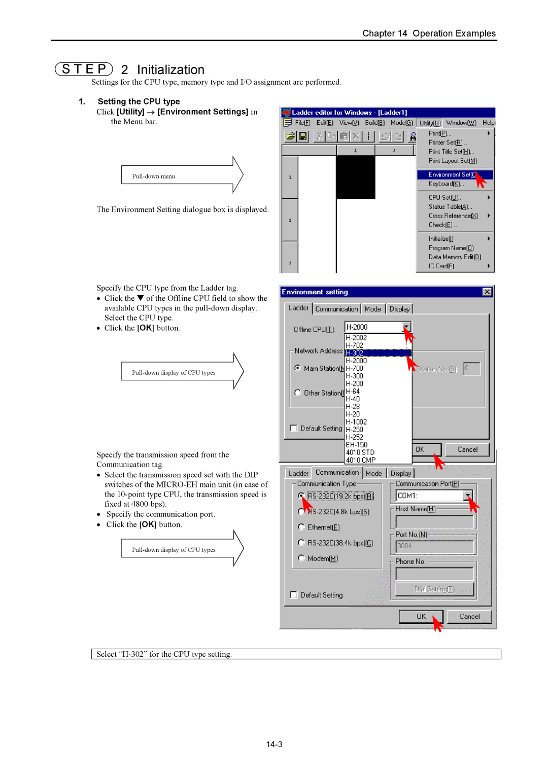 Hitachi NJI-350B manual E P 2 Initialization, Menu bar, Select H-302 for the CPU type setting, 14-3 