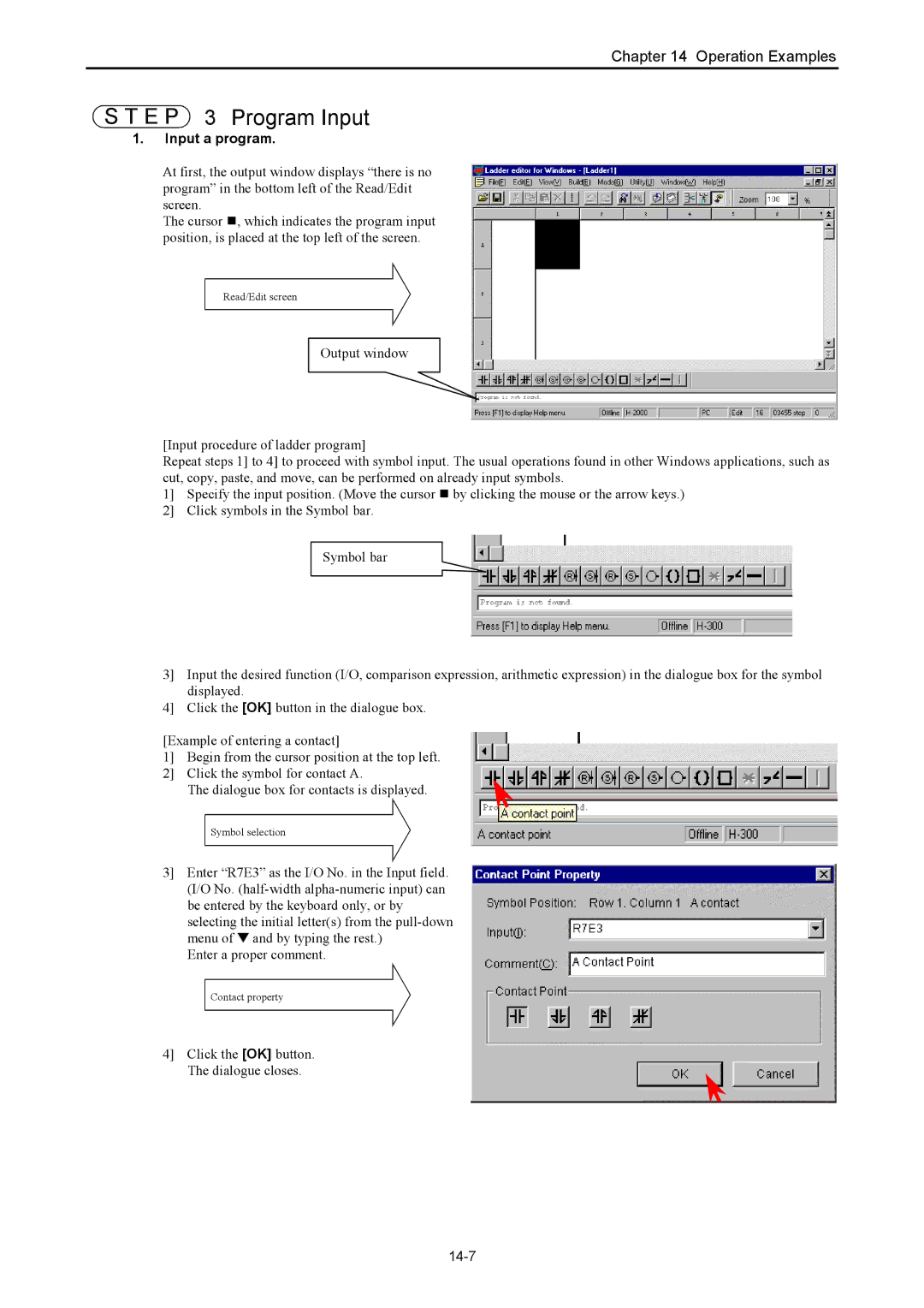 Hitachi NJI-350B manual E P 3 Program Input, Click the OK button. The dialogue closes, 14-7 