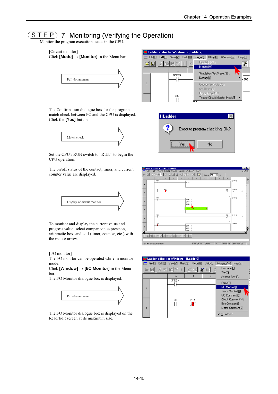 Hitachi NJI-350B manual E P 7 Monitoring Verifying the Operation, I/O Monitor dialogue box is displayed, 14-15 