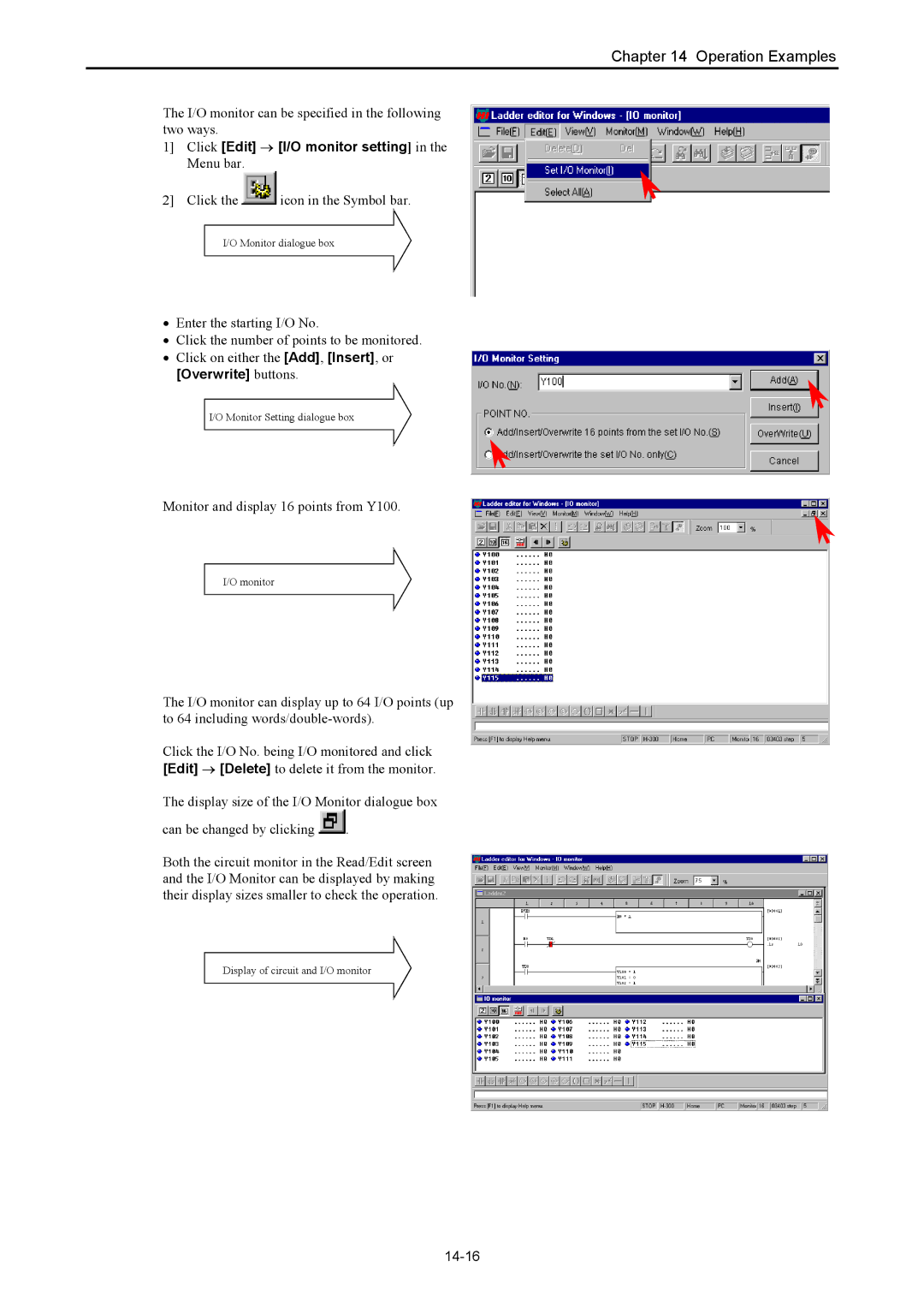 Hitachi NJI-350B manual I/O monitor can be specified in the following two ways, Click the icon in the Symbol bar, 14-16 