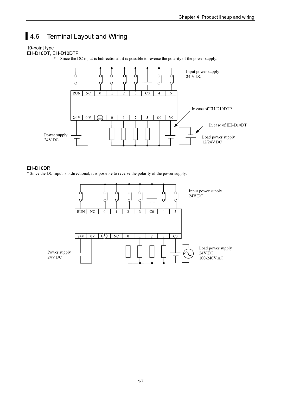 Hitachi NJI-350B manual Terminal Layout and Wiring, Power supply 24V DC Load power supply 24V DC 100-240V AC, Run 