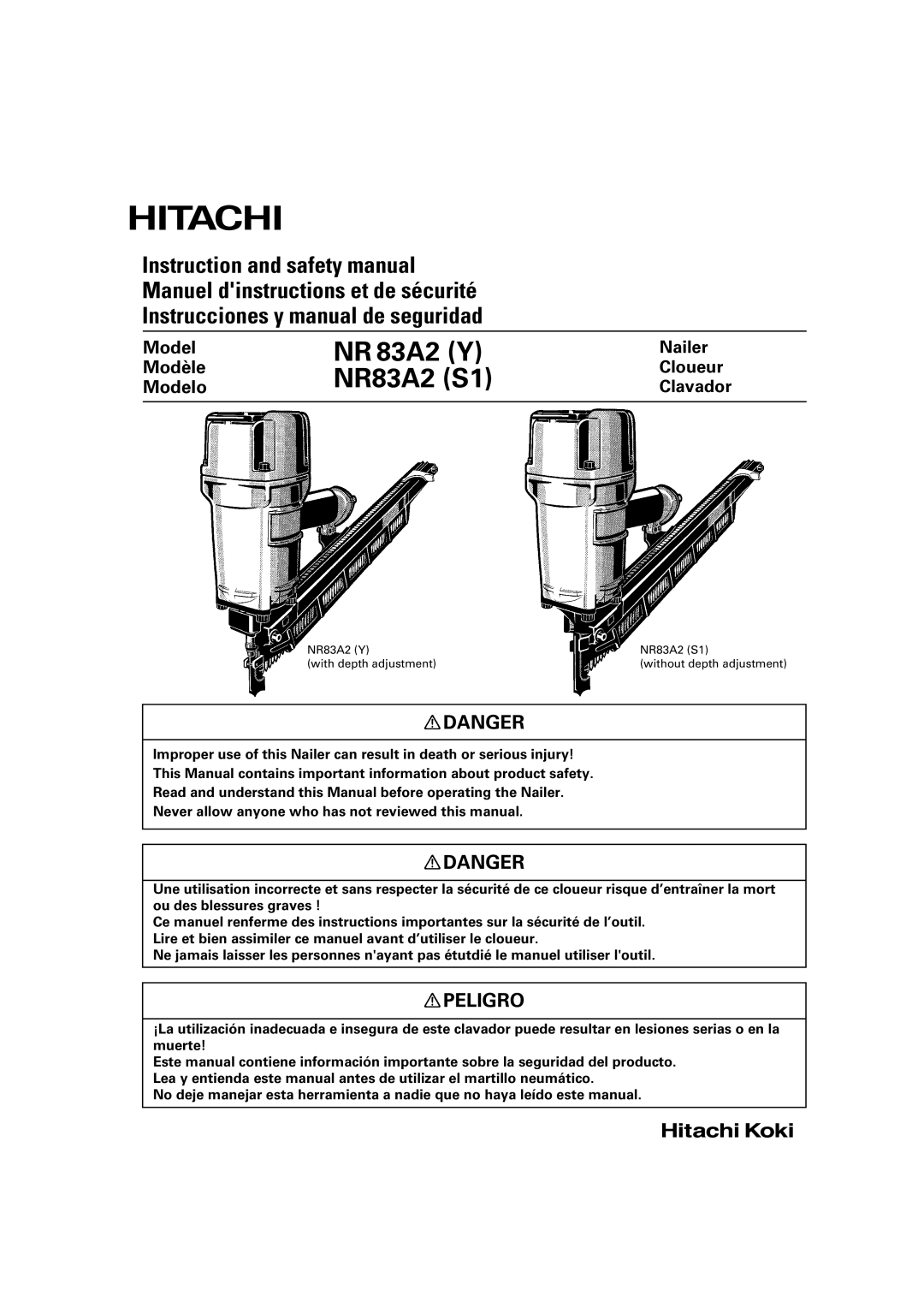 Hitachi NR83A2(Y), NR83A2(S1) manual NR 83A2 Y NR83A2 S1, Peligro 