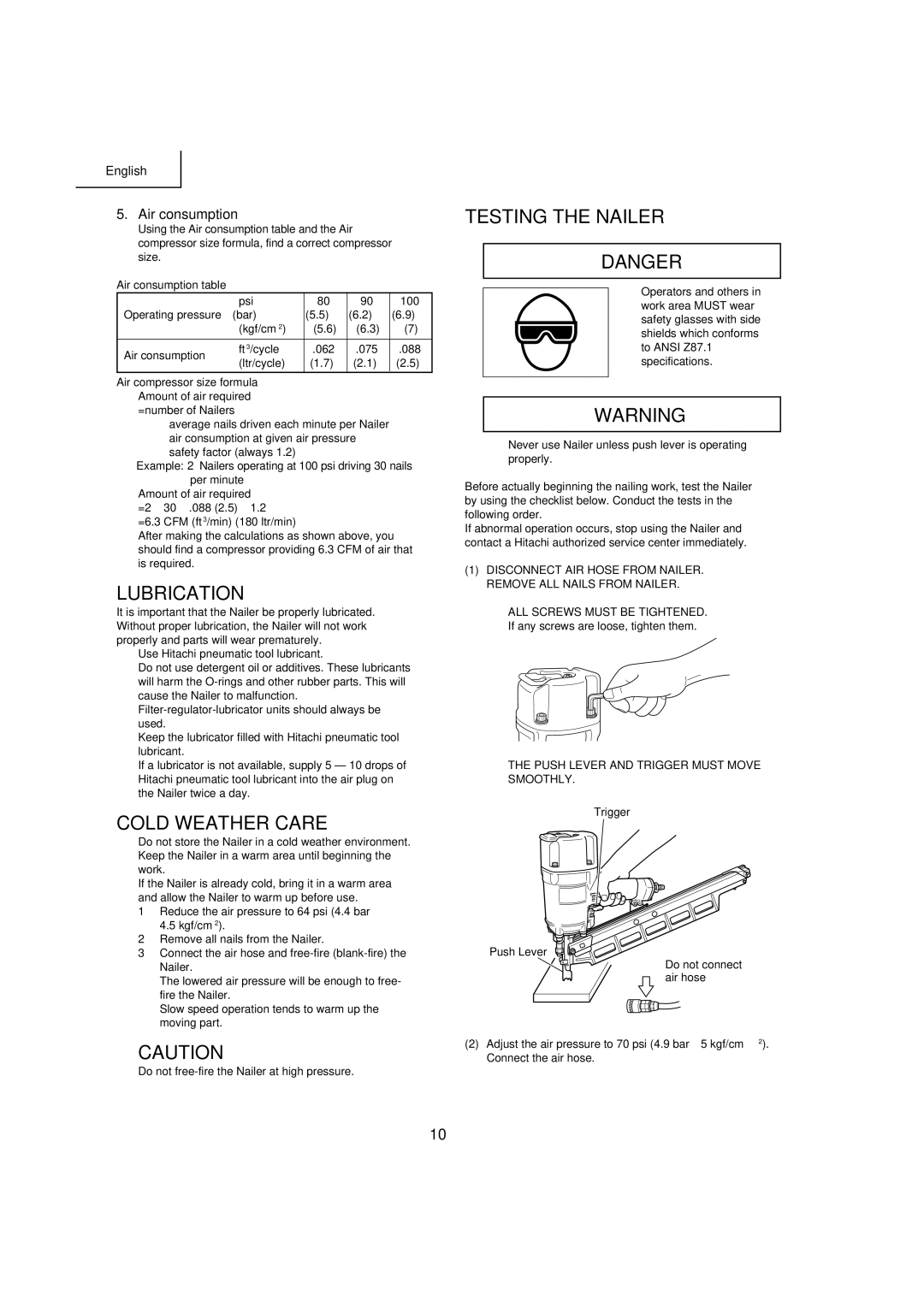 Hitachi NR83A2(S1), NR83A2(Y) manual Lubrication, Cold Weather Care, Testing the Nailer, Air consumption 