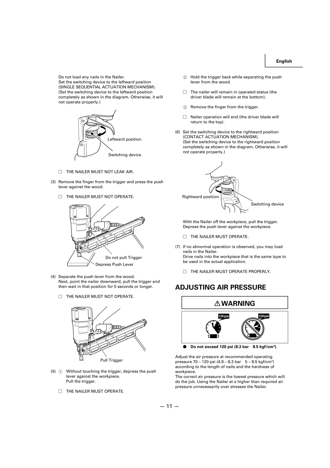 Hitachi NR83A2(Y) manual Adjusting AIR Pressure, Nailer Must not Leak AIR, Nailer Must not Operate, Nailer Must Operate 