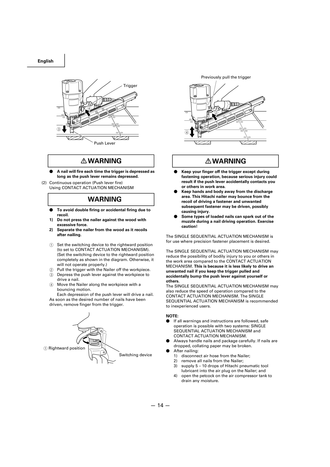 Hitachi NR83A2(S1), NR83A2(Y) manual Previously pull the trigger Trigger Push Lever 