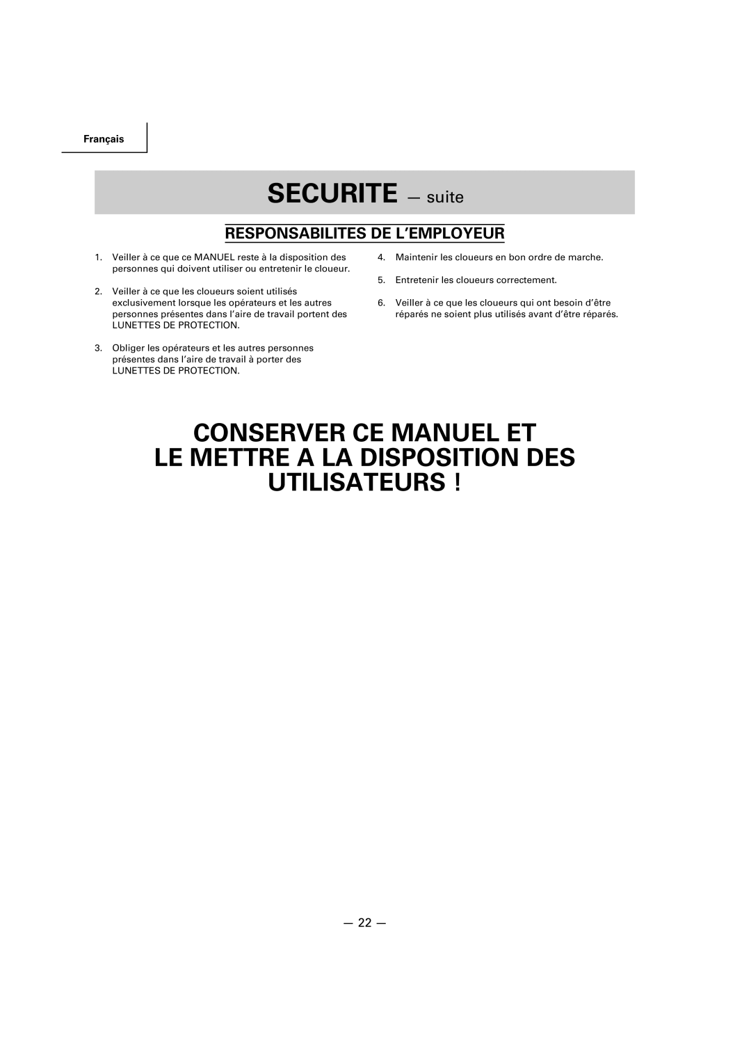 Hitachi NR83A2(S1), NR83A2(Y) manual Responsabilites DE L’EMPLOYEUR, Lunettes DE Protection 