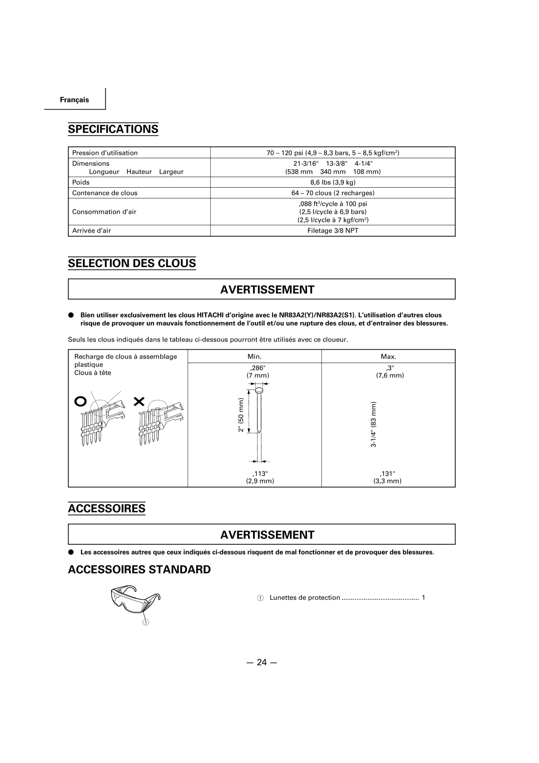 Hitachi NR83A2(S1), NR83A2(Y) manual Selection DES Clous Avertissement, Accessoires Avertissement, Accessoires Standard 