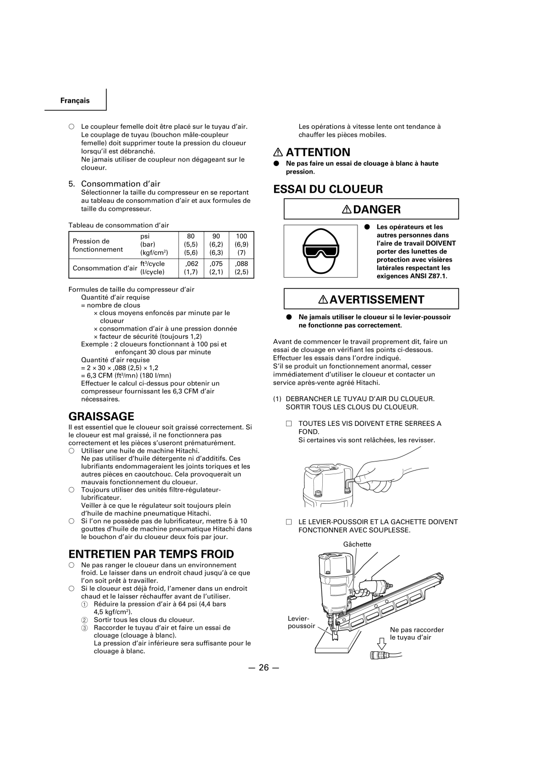 Hitachi NR83A2(S1), NR83A2(Y) manual Graissage, Entretien PAR Temps Froid, Essai DU Cloueur, Consommation d’air 