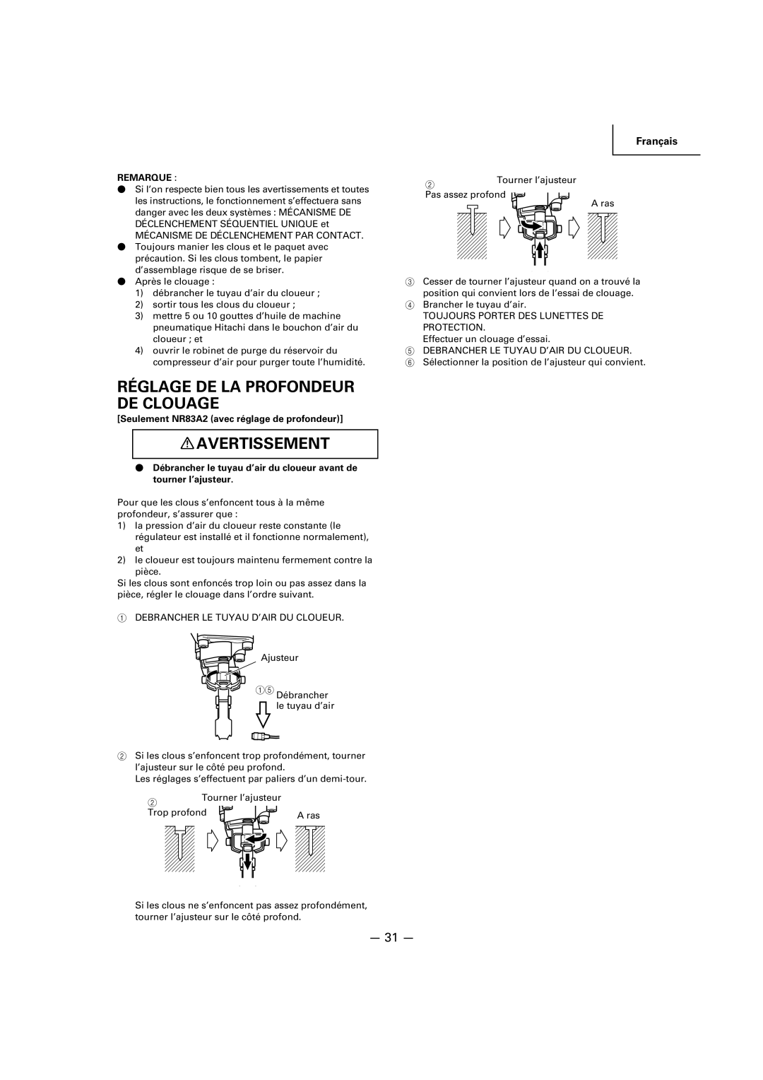 Hitachi NR83A2(Y), NR83A2(S1) manual Réglage DE LA Profondeur DE Clouage, Toujours Porter DES Lunettes DE Protection 